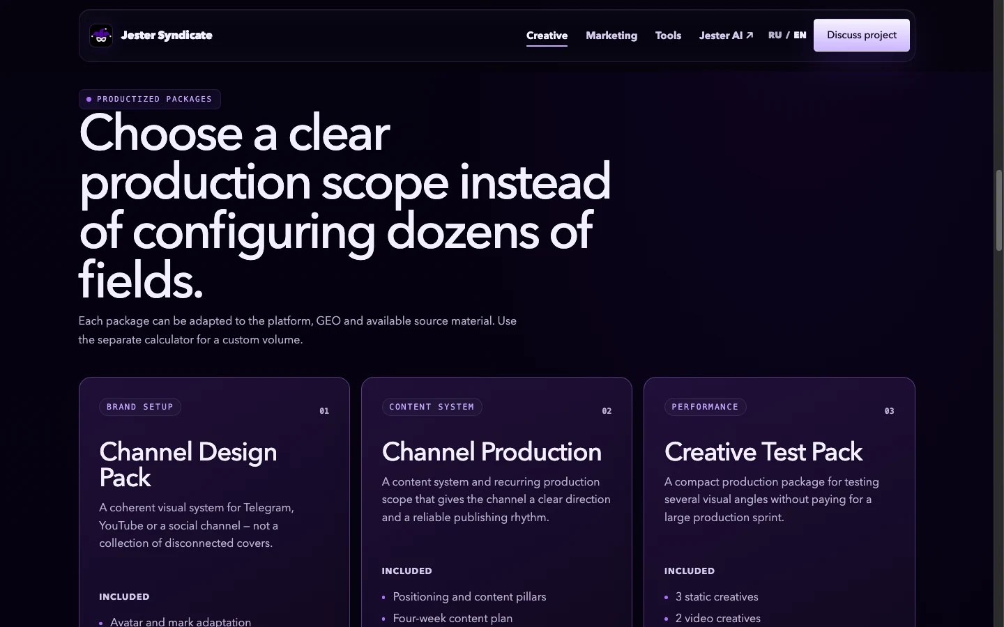 Creative production packages on the Jester Syndicate website